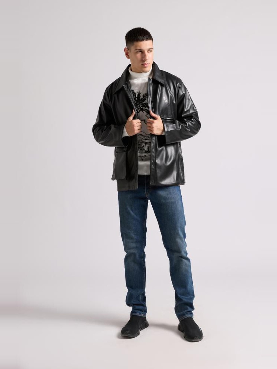 Black Faux Leather Zip-Up Jacket-Unisex