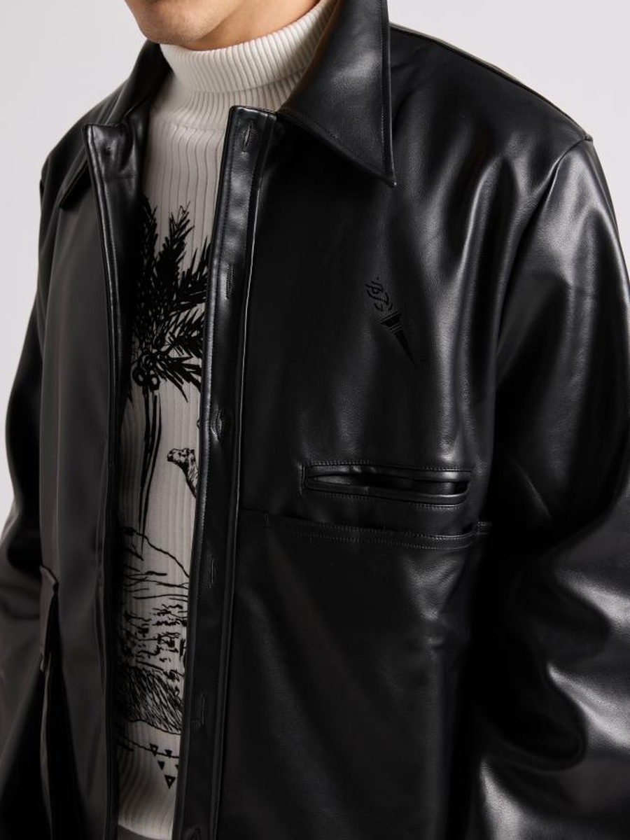 Black Faux Leather Zip-Up Jacket-Unisex