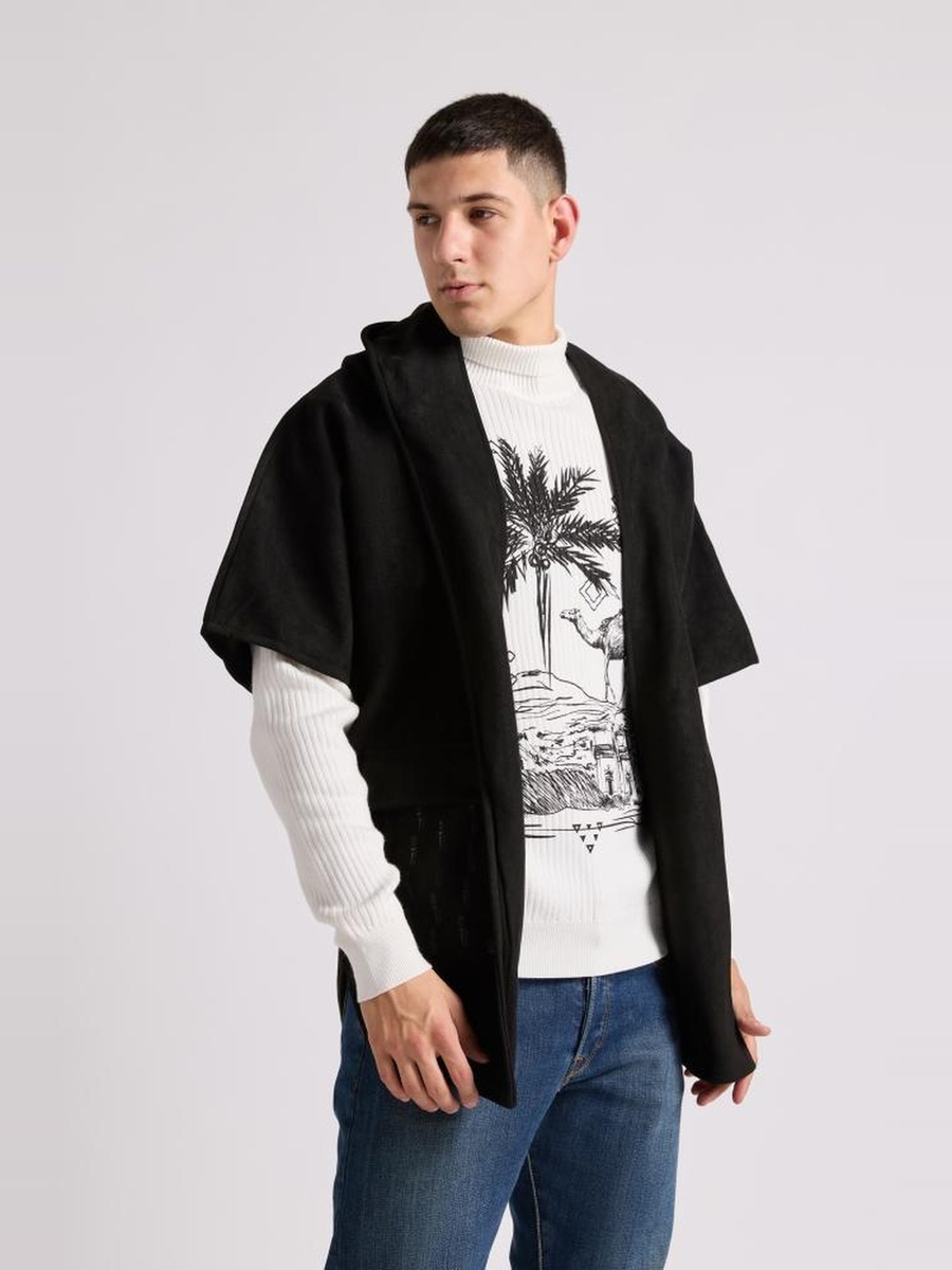 Black Hooded Short-Sleeve Jacket with Zip Closure