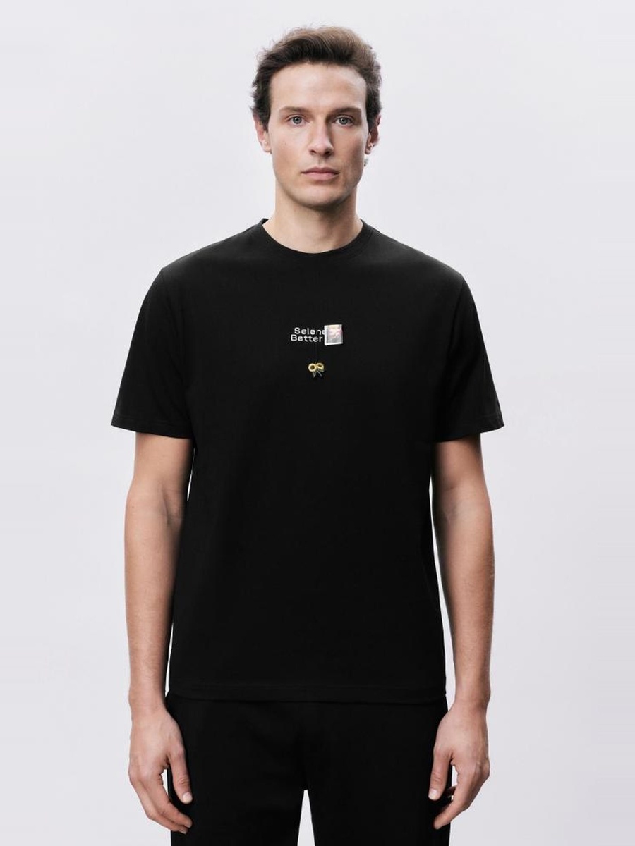 Mens Black Printed Regular Fit Round Neck T-Shirt