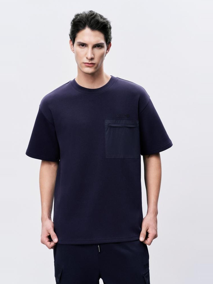 Navy Blue Regular Fit Round Neck T-Shirt with Chest Pocket