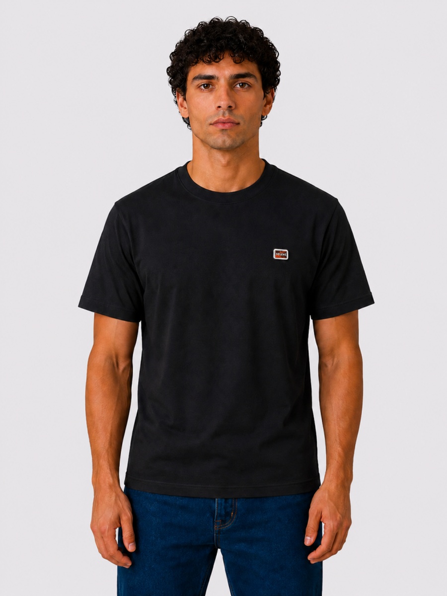 Black Cotton Regular Fit T-Shirt with Logo Patch