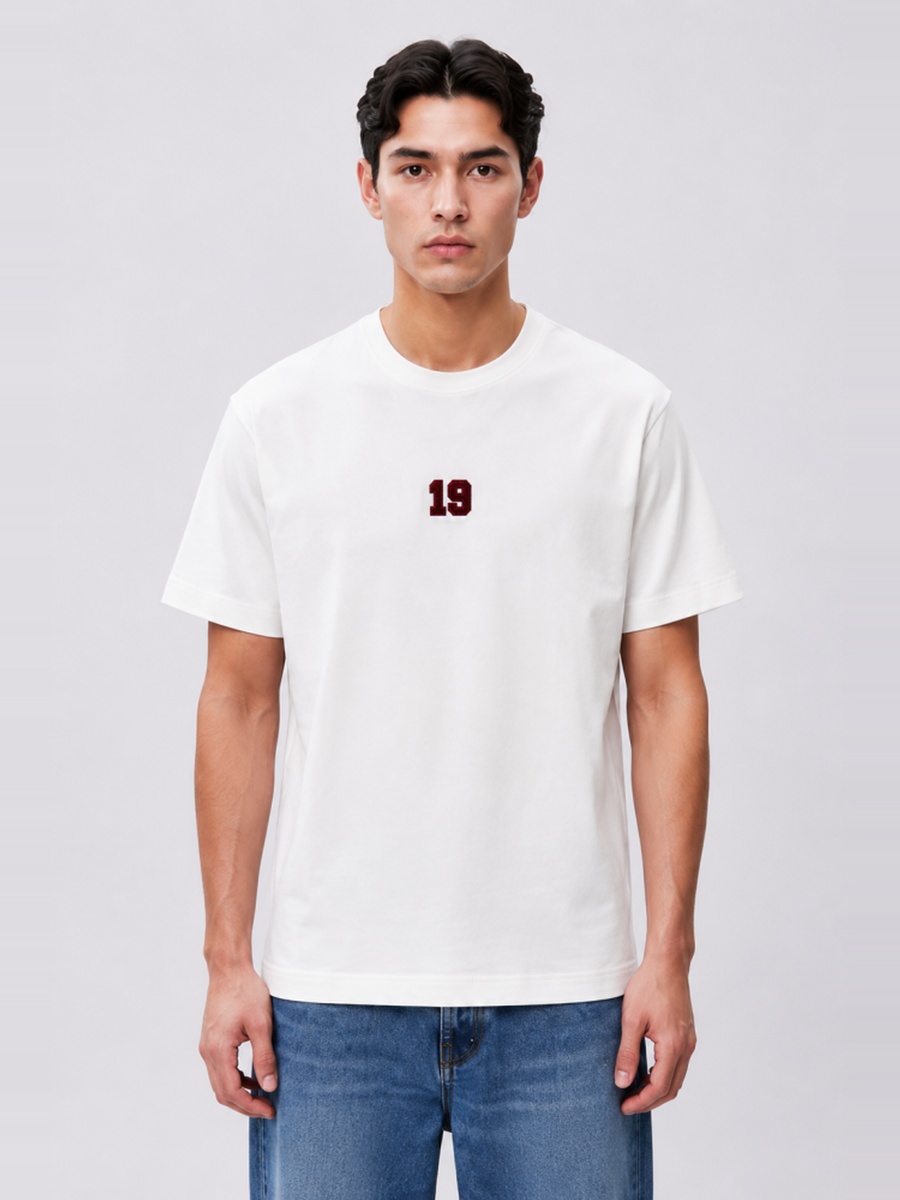 White Regular Fit Cotton T-Shirt with 19 Logo Print