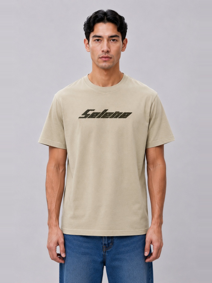 Beige Regular Fit Cotton T-Shirt with Print