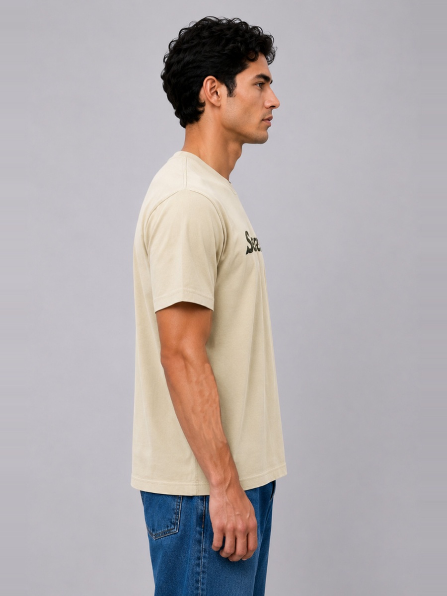 Beige Regular Fit Cotton T-Shirt with Print