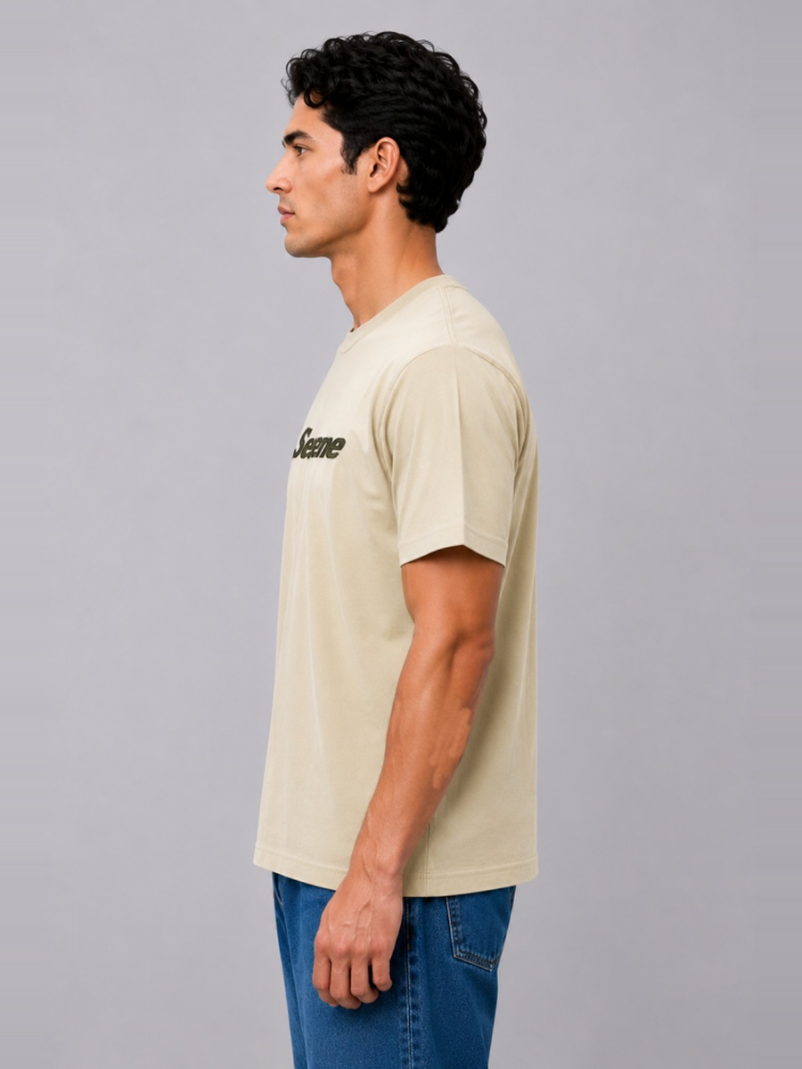 Beige Regular Fit Cotton T-Shirt with Print