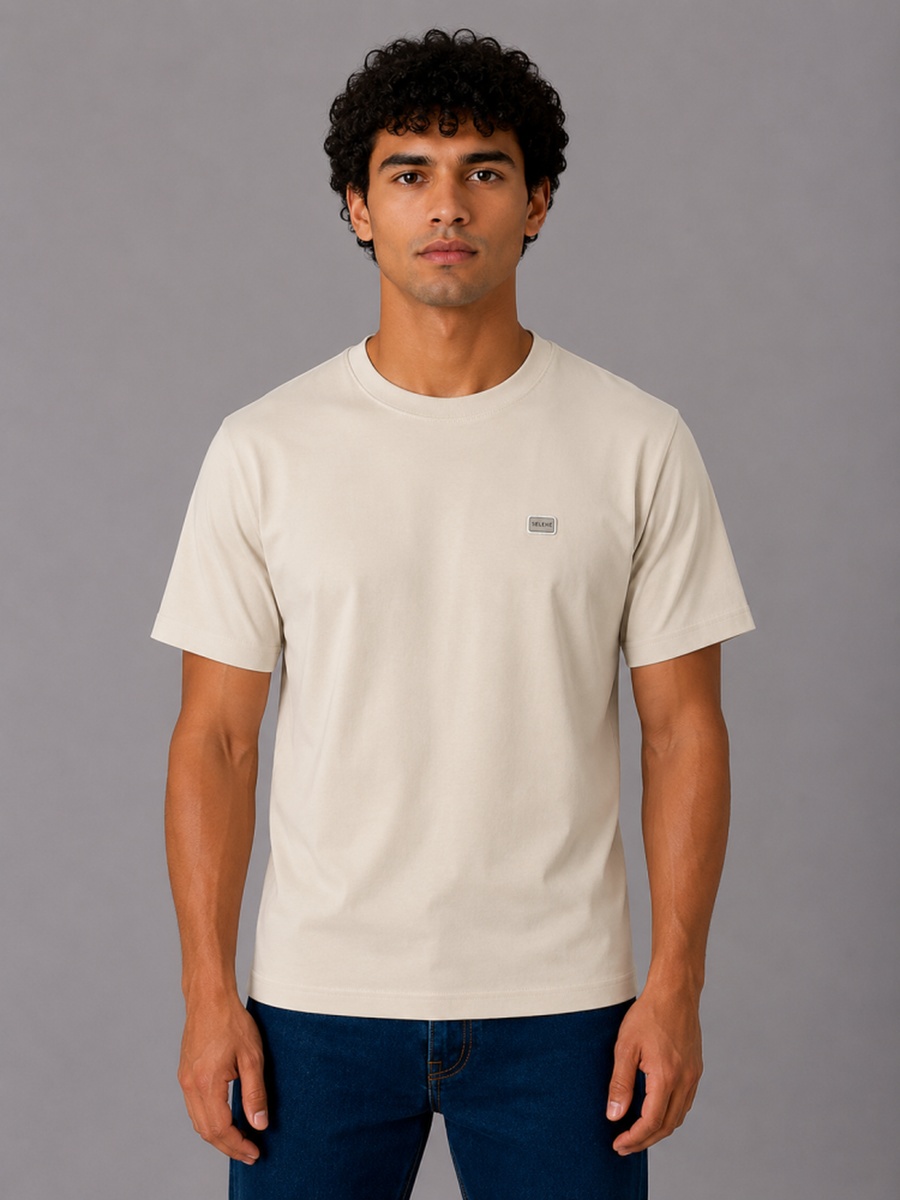 Beige Regular Fit Cotton T-Shirt with Round Neck