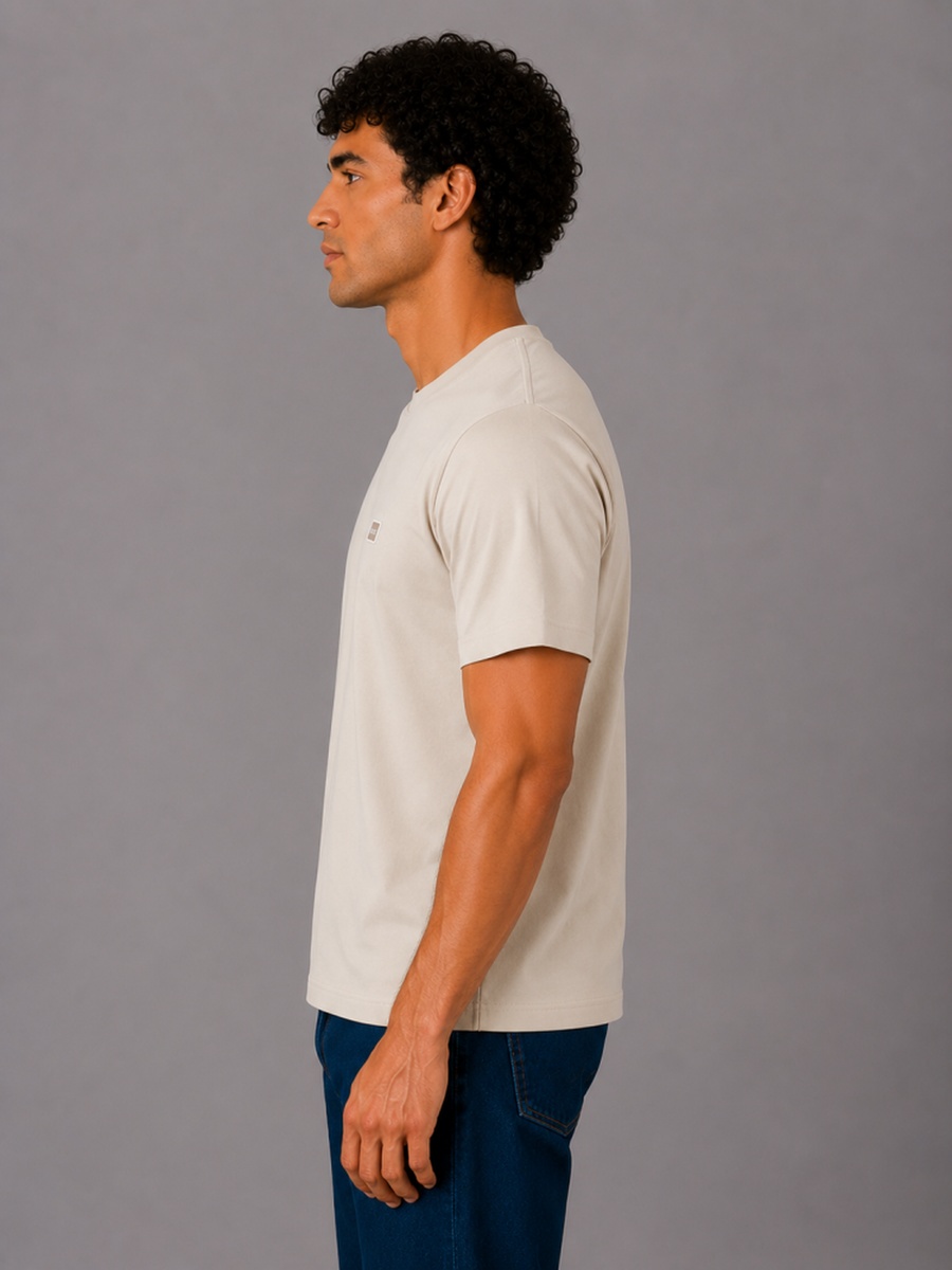 Beige Regular Fit Cotton T-Shirt with Round Neck