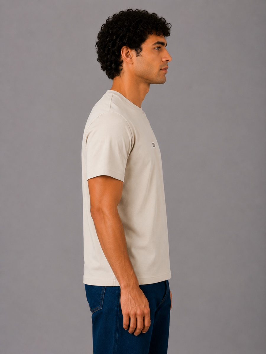 Beige Regular Fit Cotton T-Shirt with Round Neck