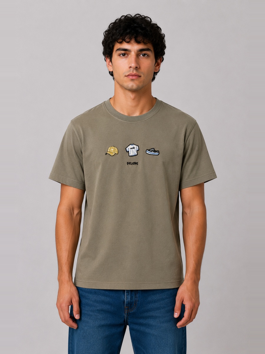 Olive Regular Fit T-Shirt with Embroidered Icons