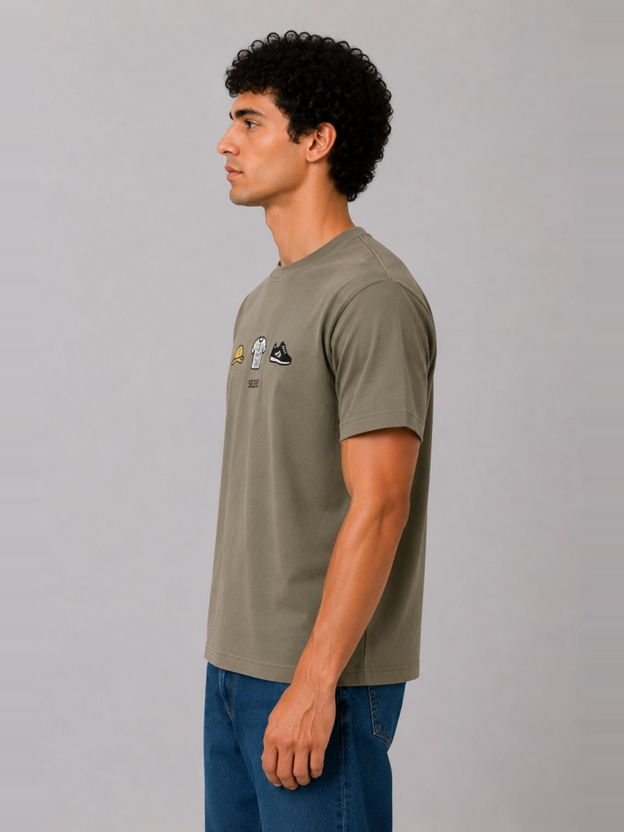 Olive Regular Fit T-Shirt with Embroidered Icons