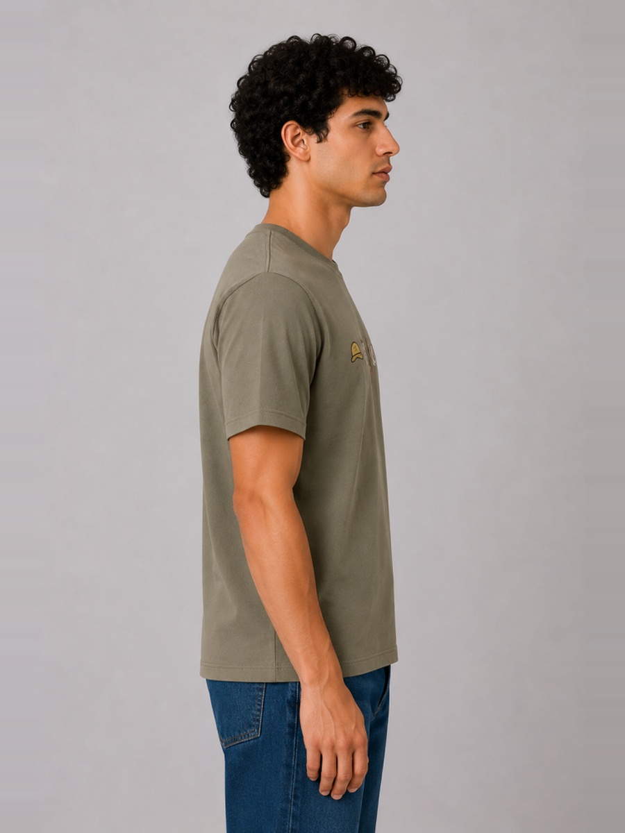 Olive Regular Fit T-Shirt with Embroidered Icons