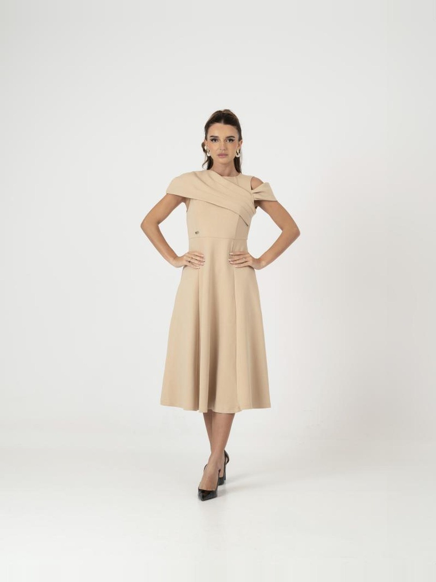 Beige Asymmetric Fold-Over Collar A-Line Midi Dress