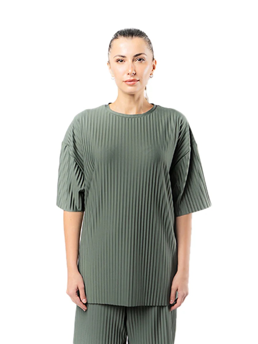 Khaki Crew Neck Textured Oversized T-Shirt-Unisex