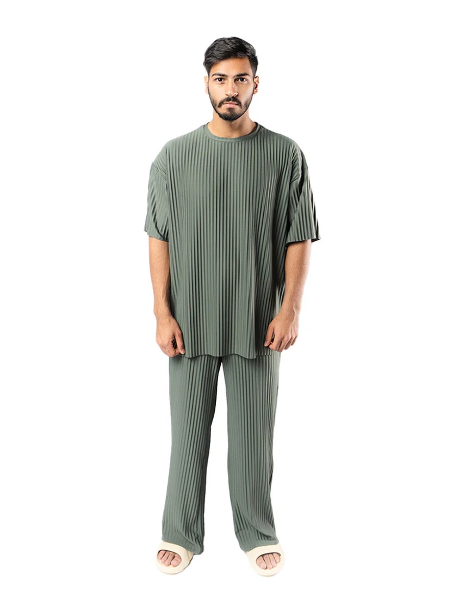 Khaki Crew Neck Textured Oversized T-Shirt-Unisex
