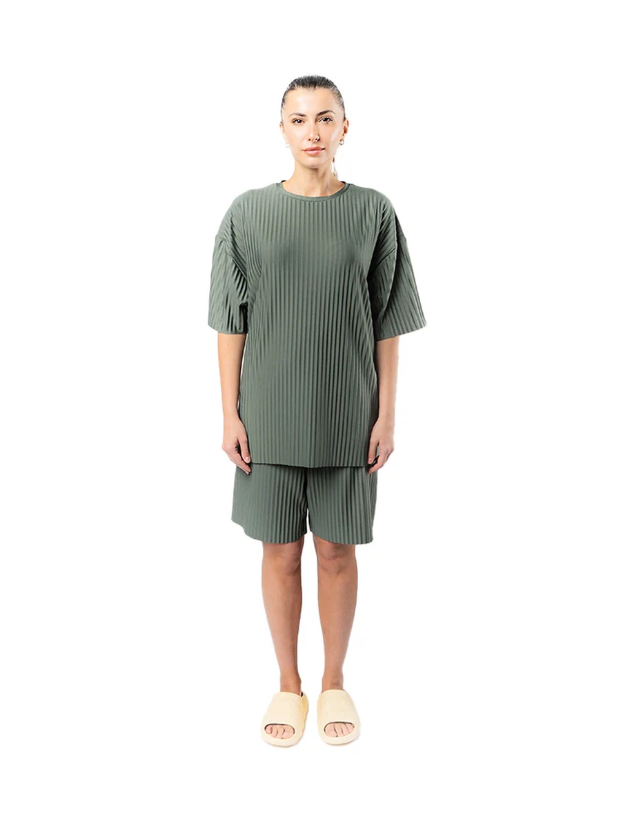 Khaki Crew Neck Textured Oversized T-Shirt-Unisex