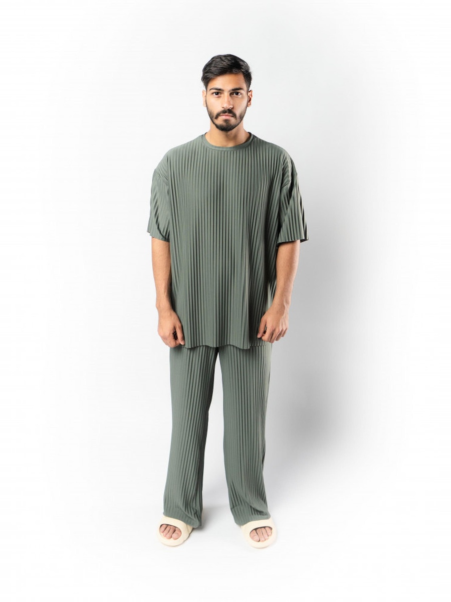 Khaki Crew Neck Textured Oversized T-Shirt-Unisex