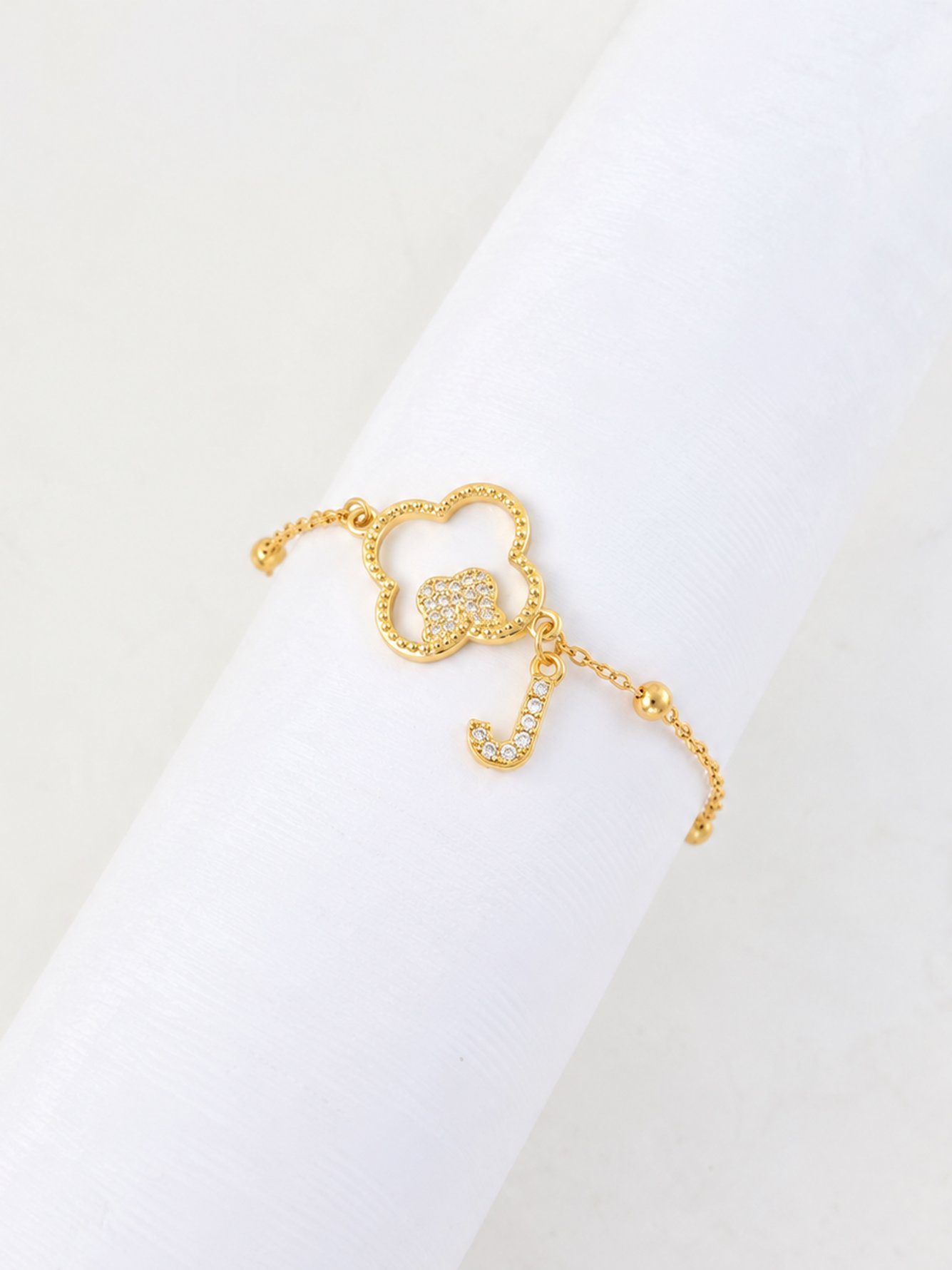 Gold Plated Clover and Initial J Bracelet