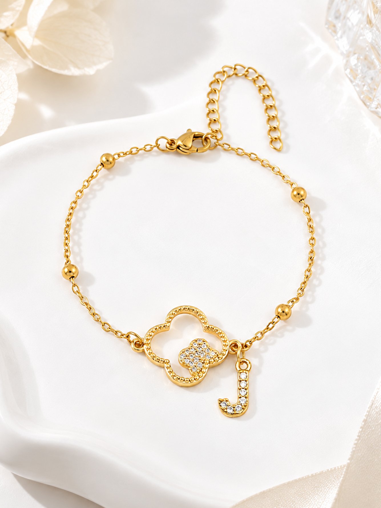 Gold Plated Clover and Initial J Bracelet