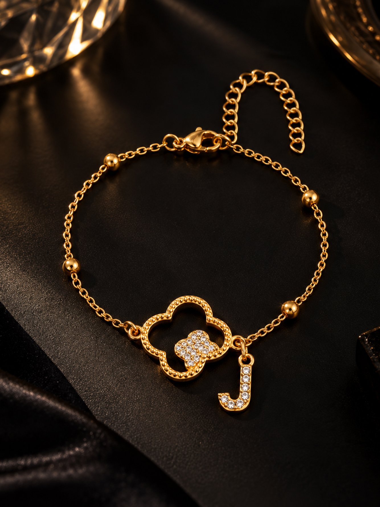 Gold Plated Clover and Initial J Bracelet
