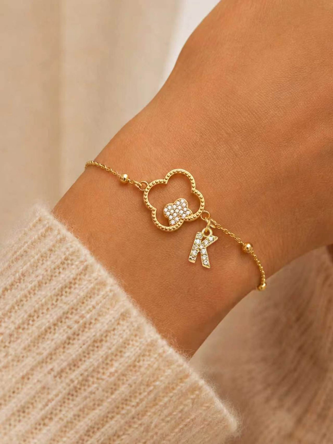 Gold Four-Leaf Clover and Initial K Charm Bracelet