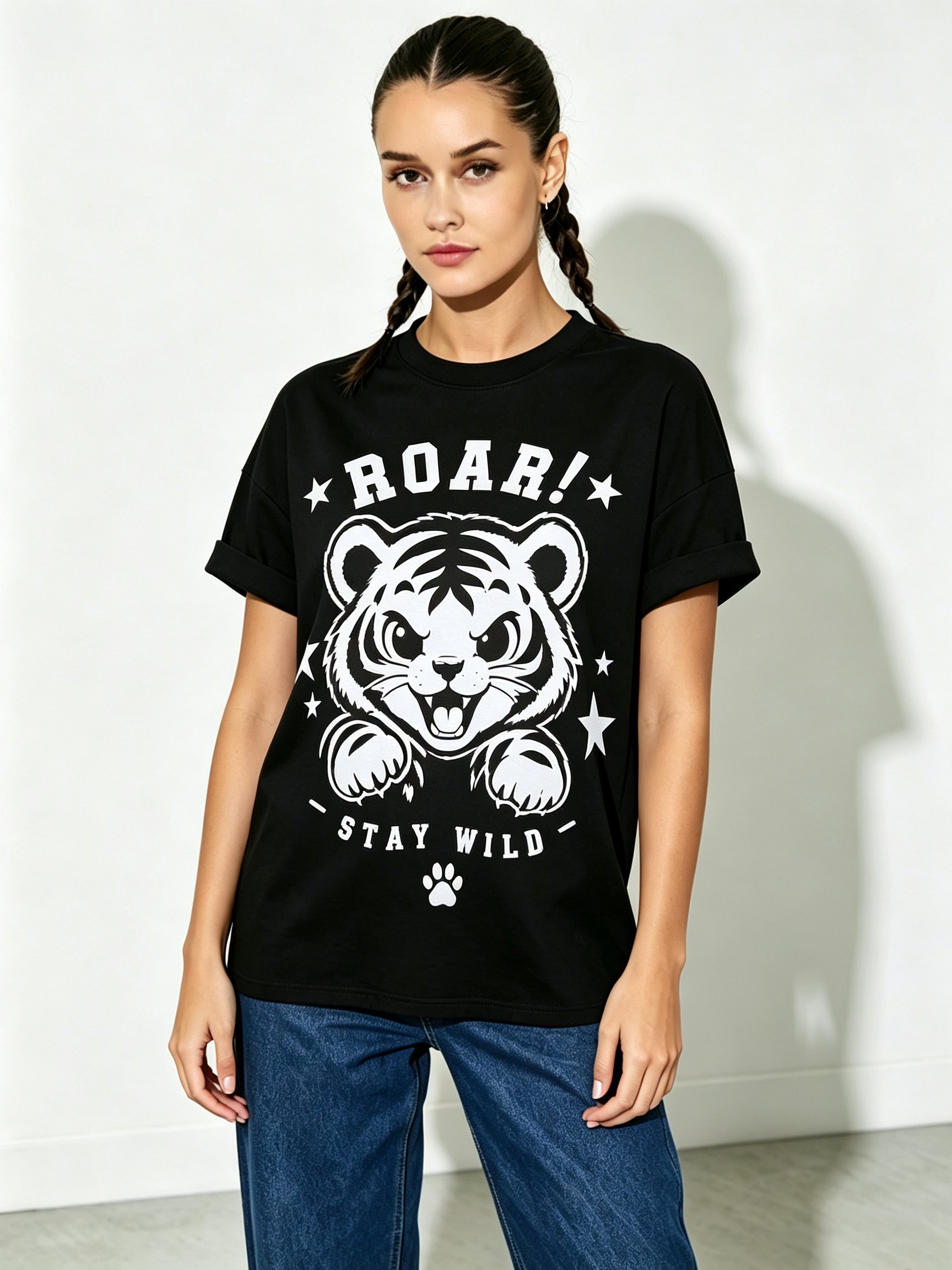 Black Printed Round Neck Regular T-Shirt