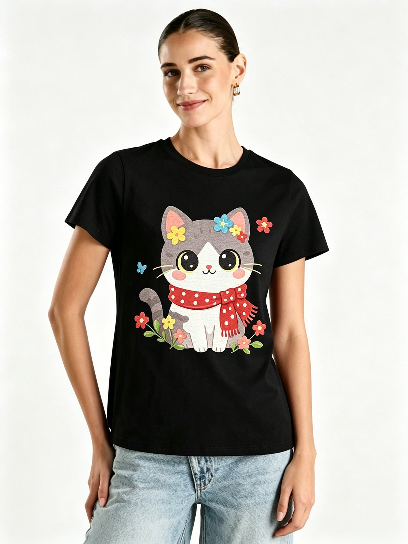 Black Printed Round Neck Regular T-Shirt