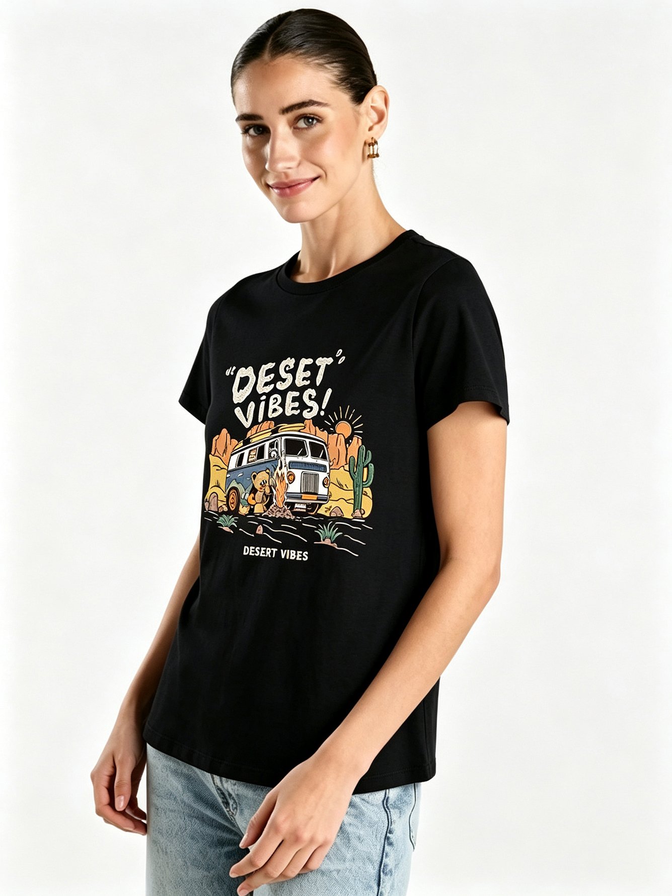 Black Printed Round Neck Regular T-Shirt