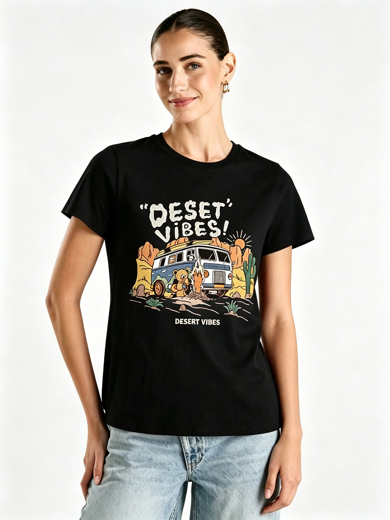 Black Printed Round Neck Regular T-Shirt