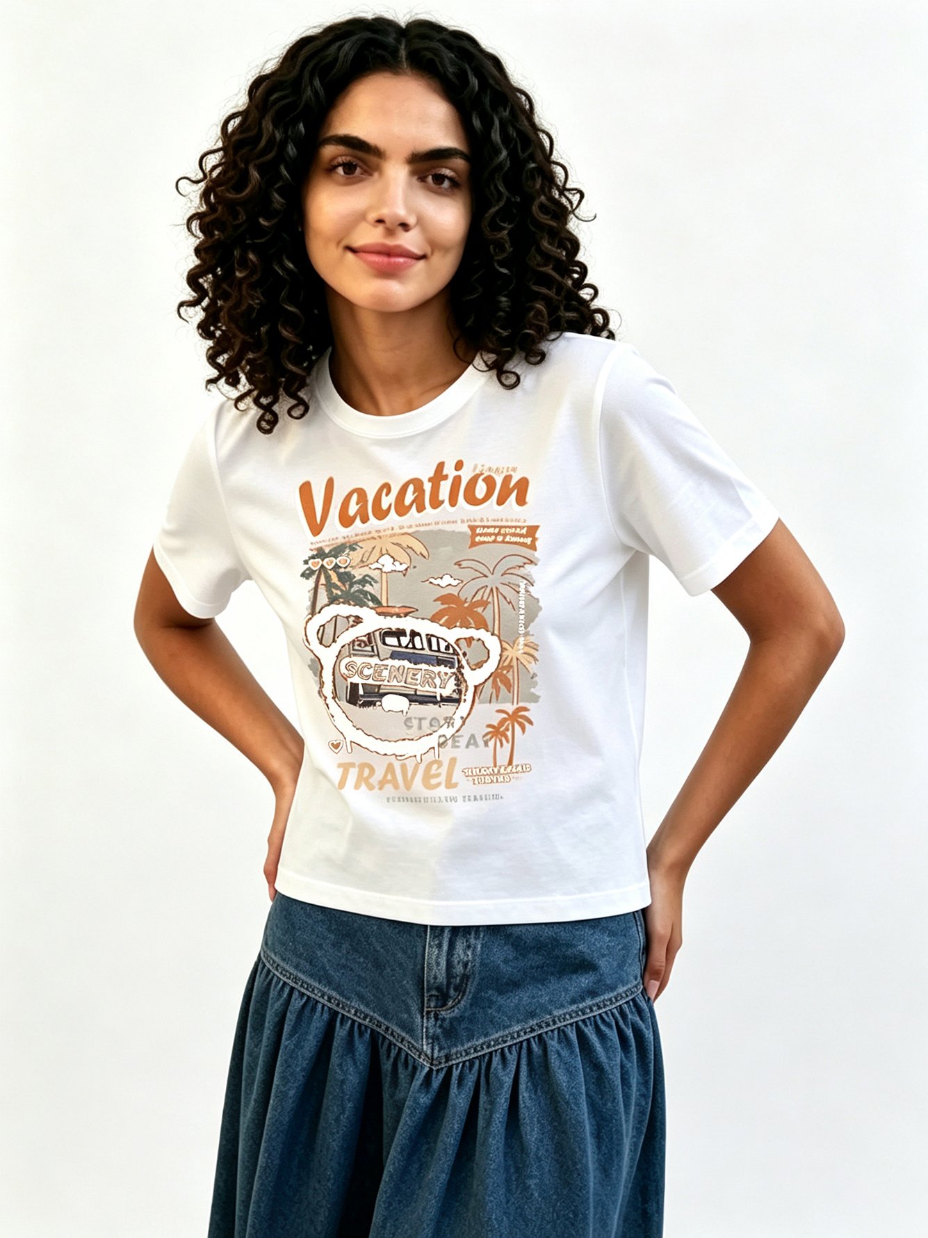 White Printed Round Neck Regular T-Shirt