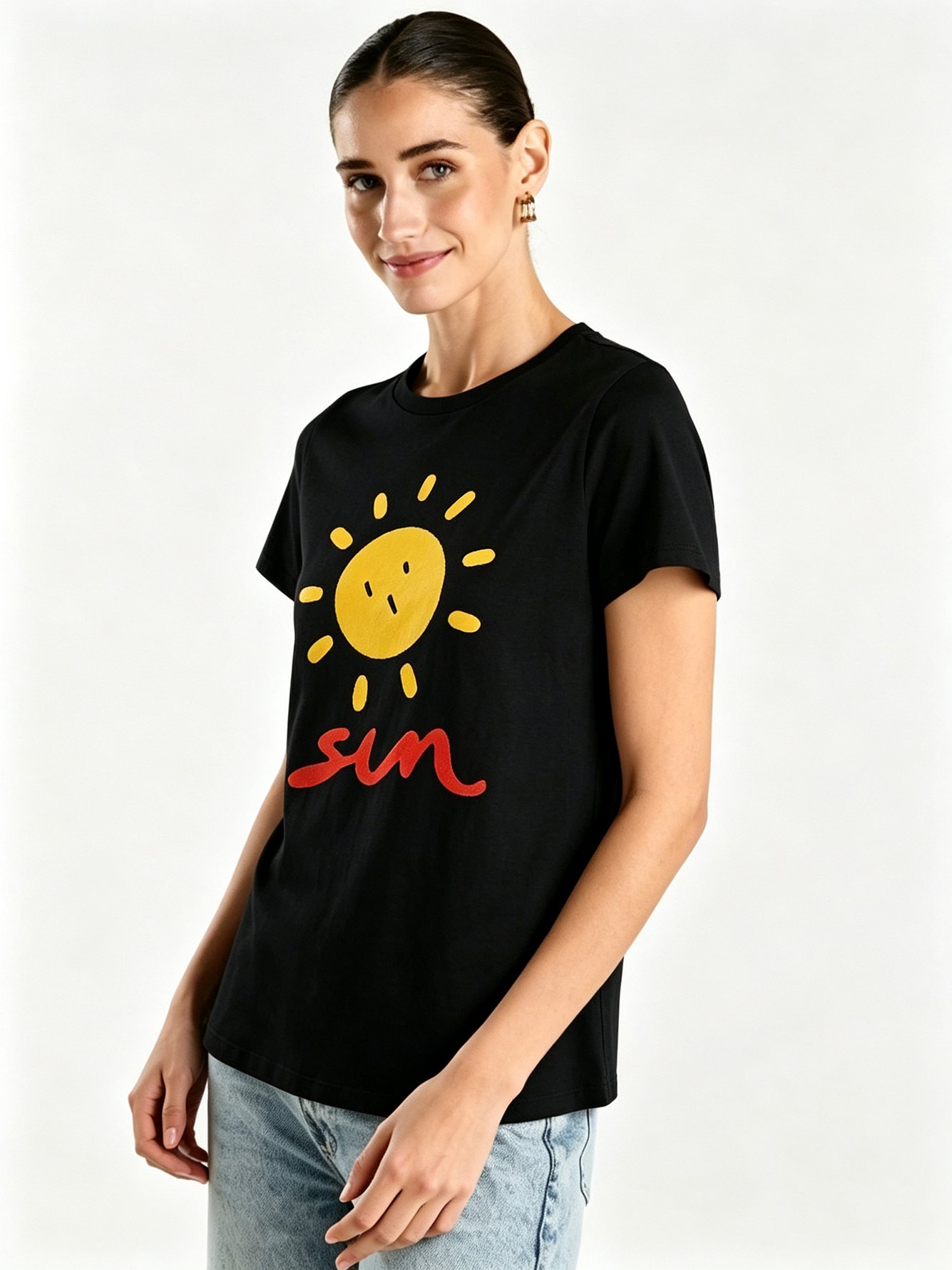 Black Printed Round Neck Regular T-Shirt