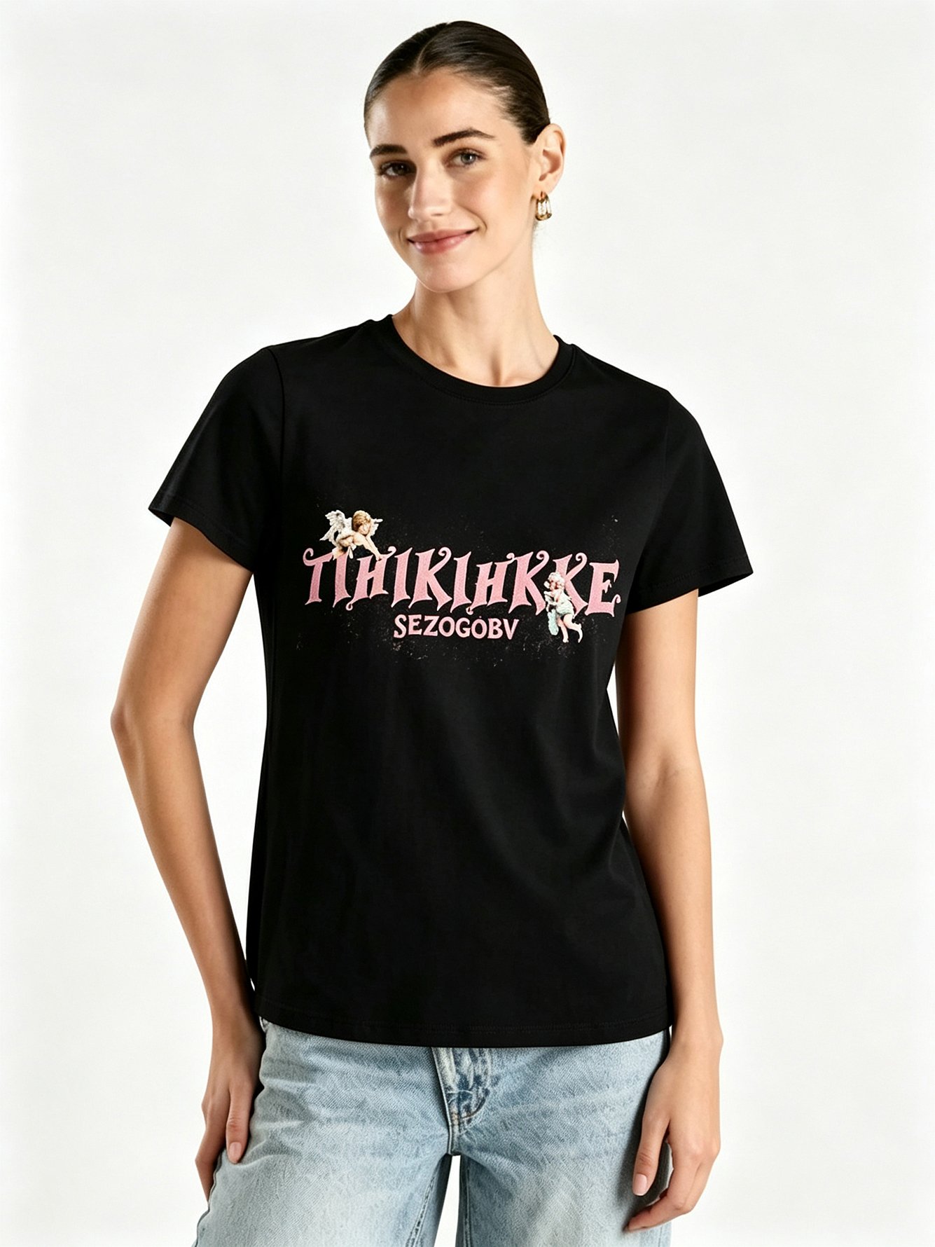 Black Printed Round Neck Regular T-Shirt