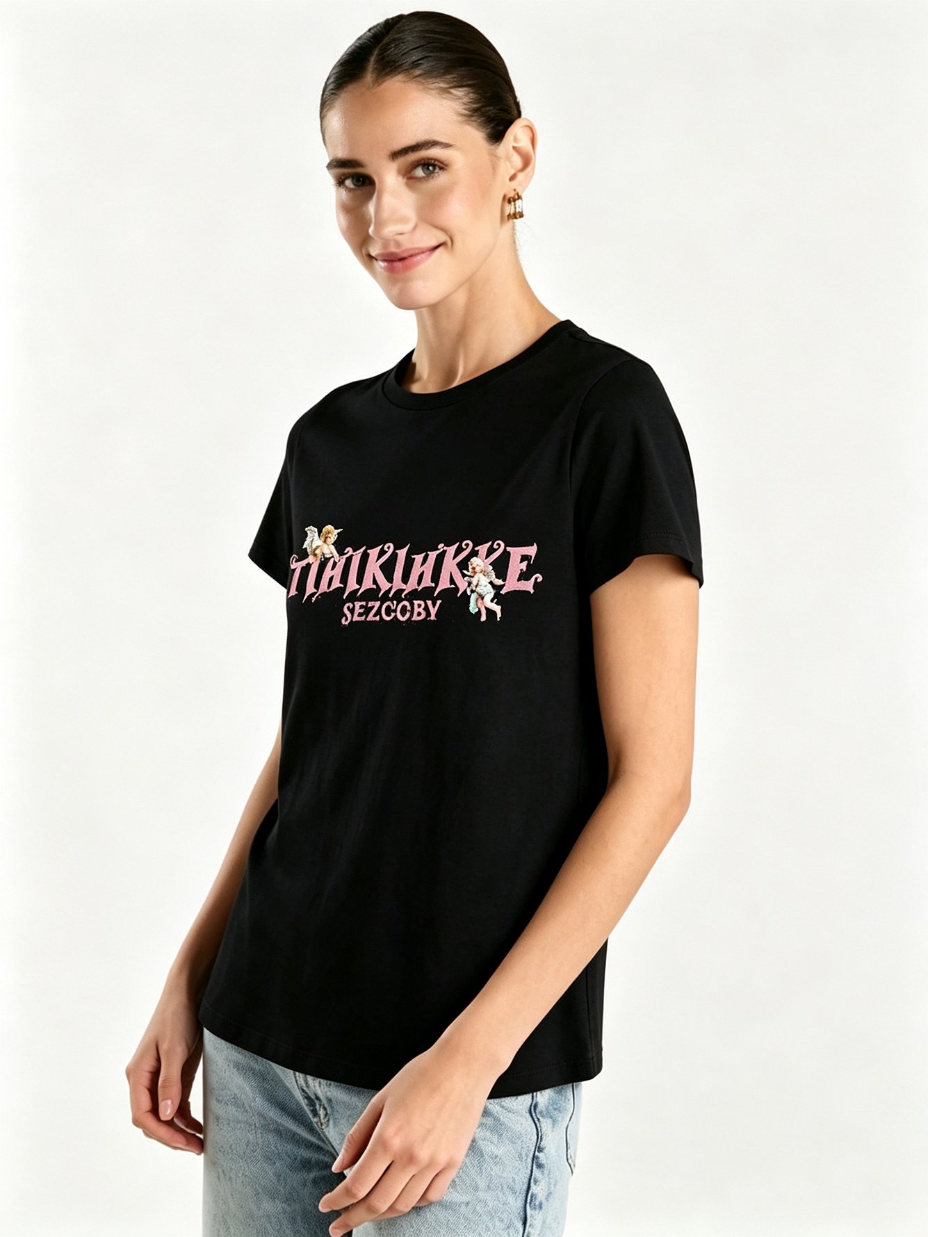 Black Printed Round Neck Regular T-Shirt