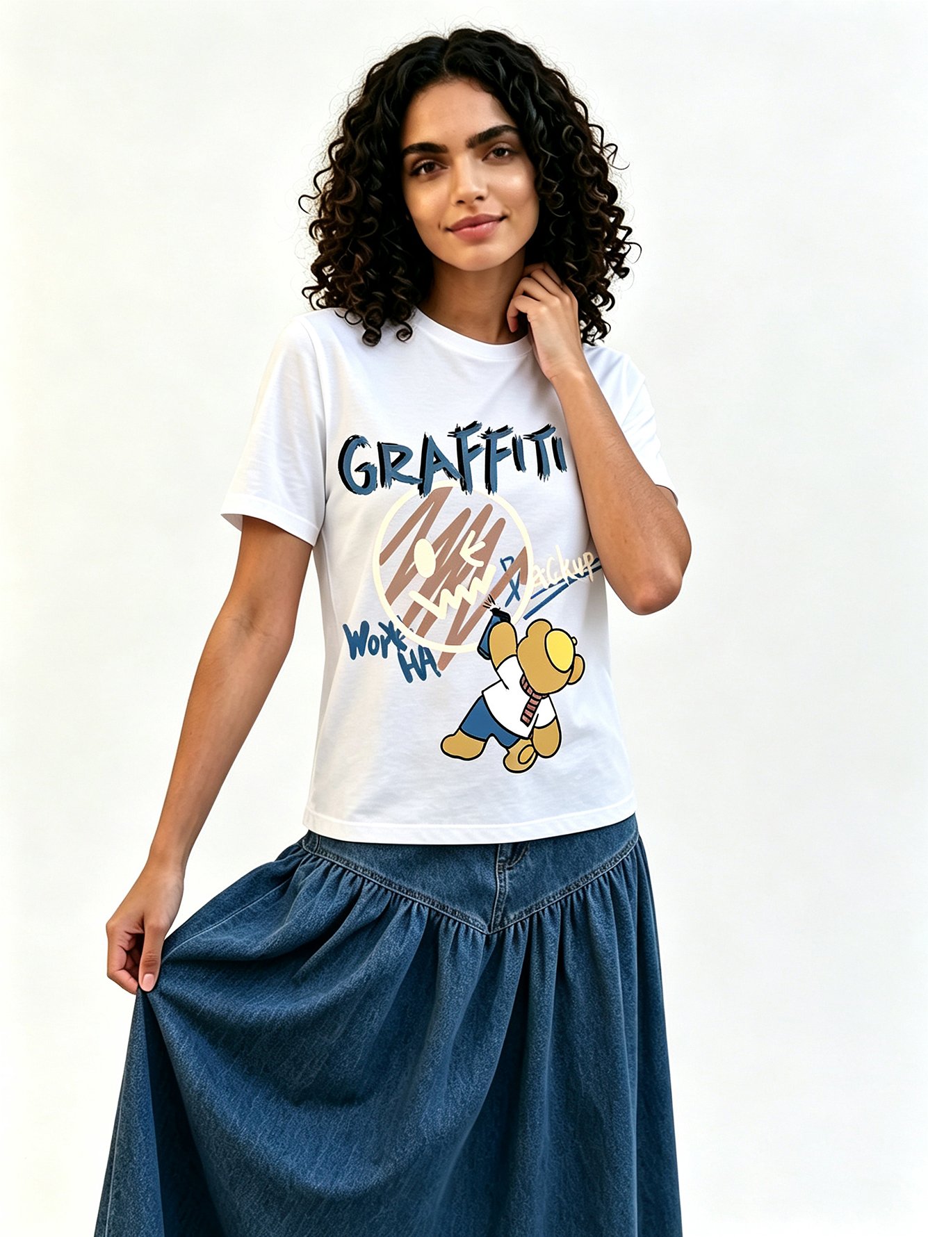 White Printed Round Neck Regular T-Shirt