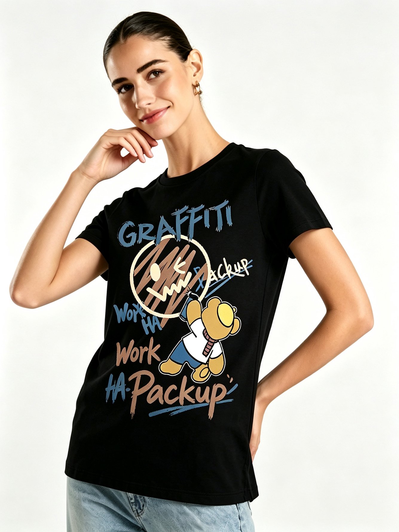 Black Printed Round Neck Regular T-Shirt