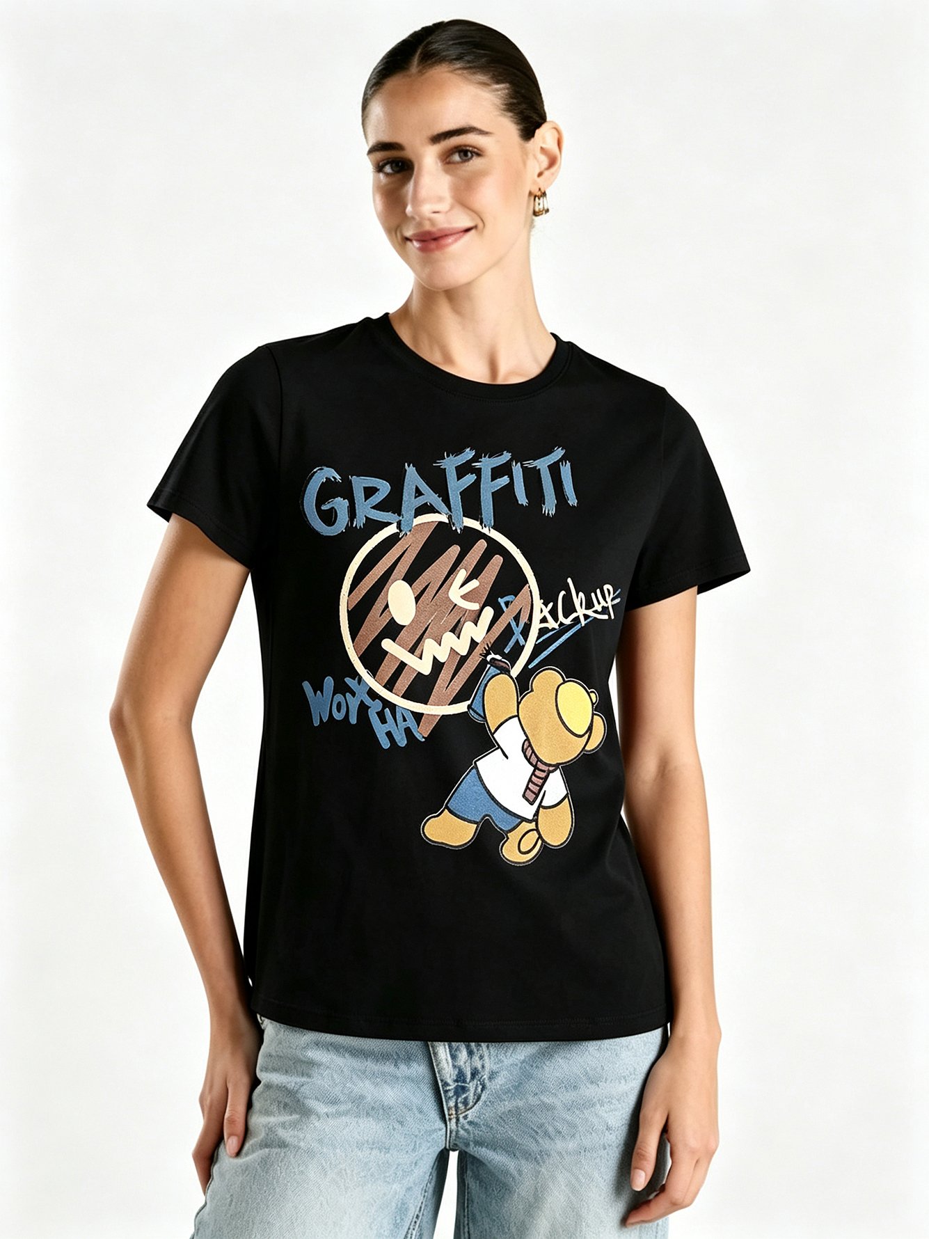 Black Printed Round Neck Regular T-Shirt