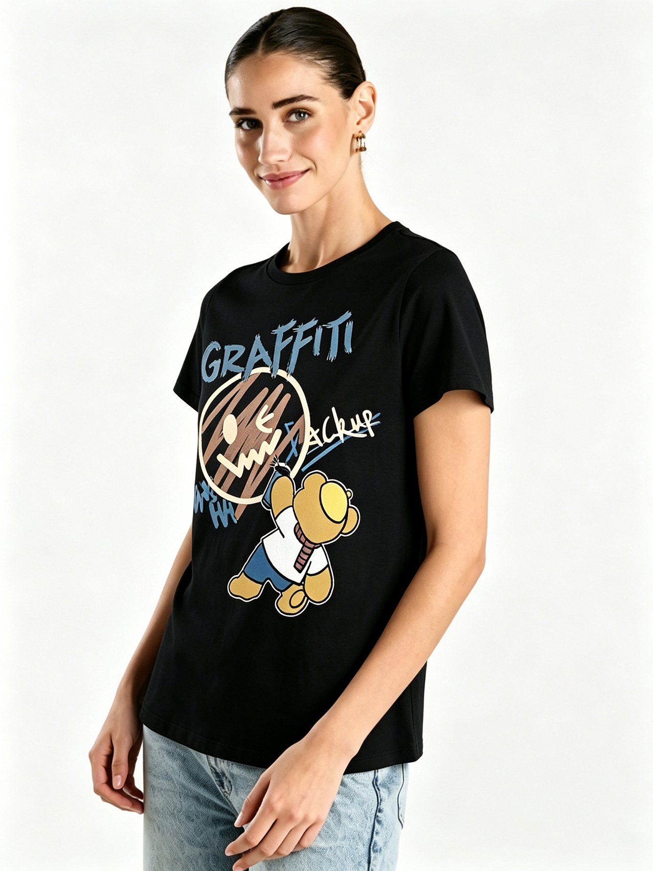 Black Printed Round Neck Regular T-Shirt