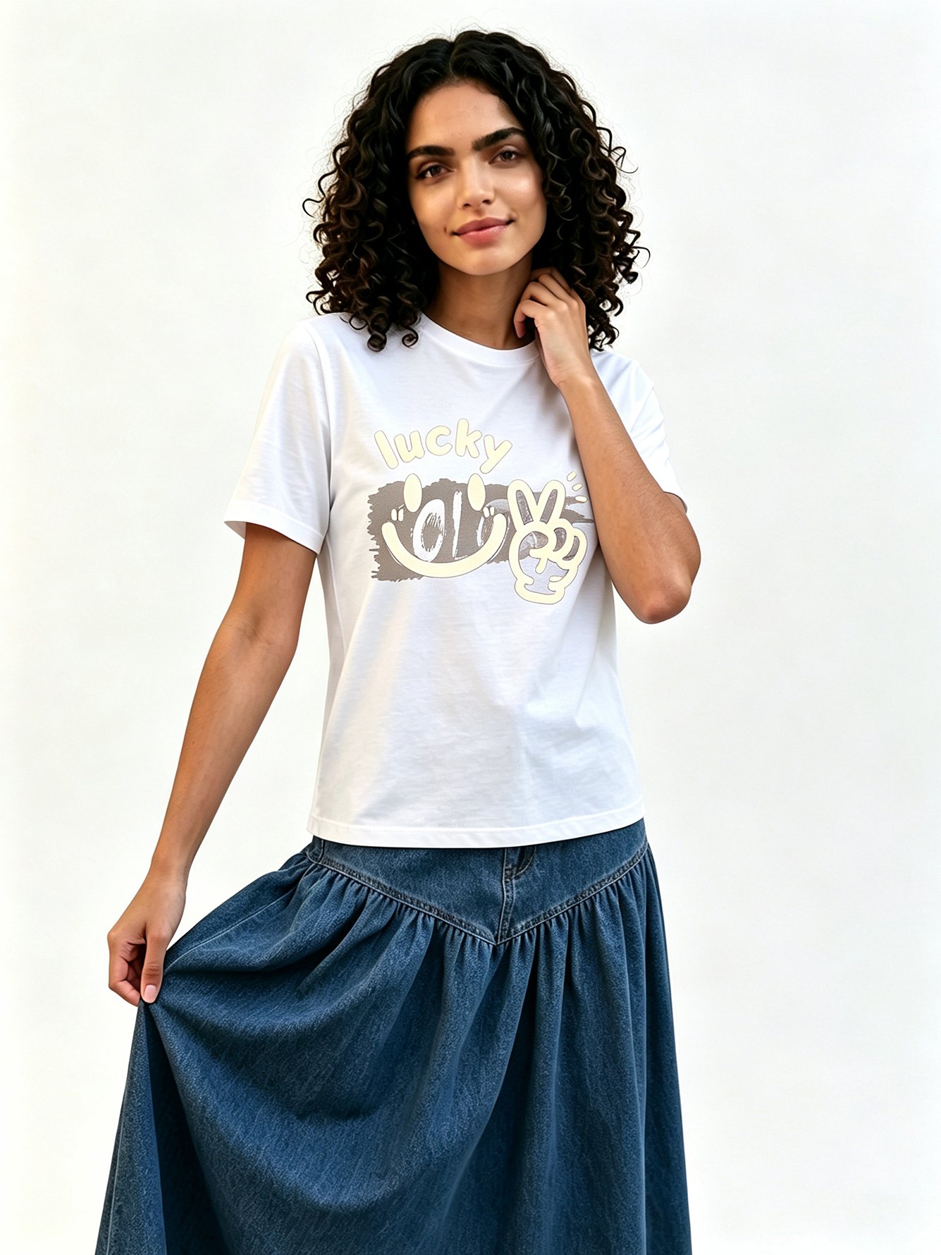 White Printed Round Neck Regular T-Shirt
