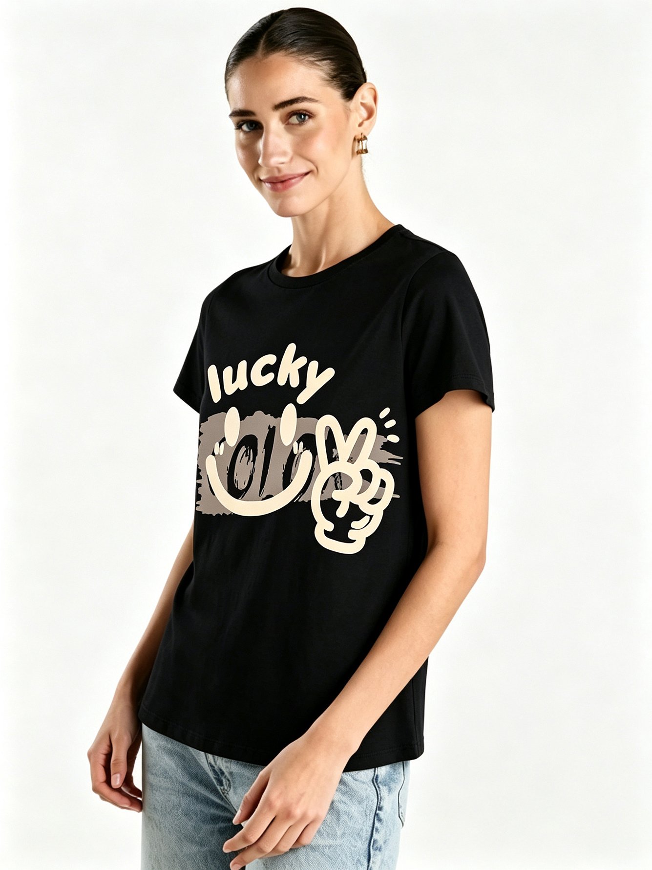 Black Printed Round Neck Regular T-Shirt