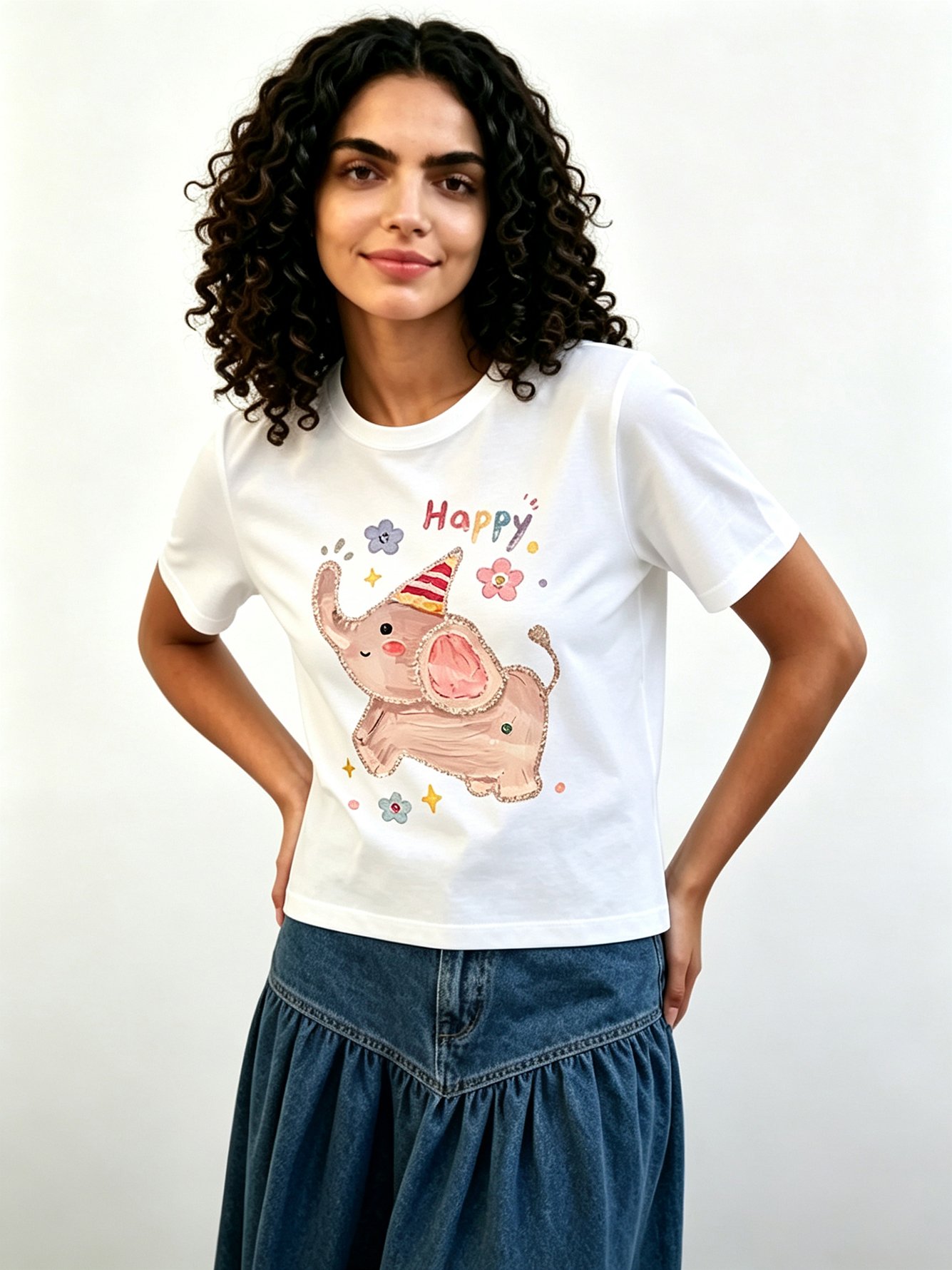 White Printed Round Neck Regular T-Shirt