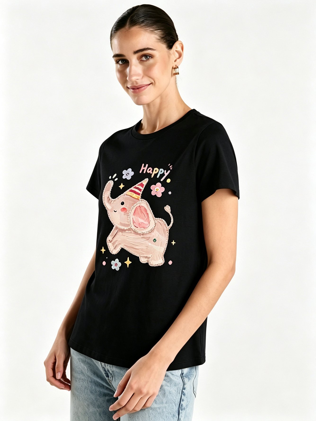 Black Printed Round Neck Regular T-Shirt