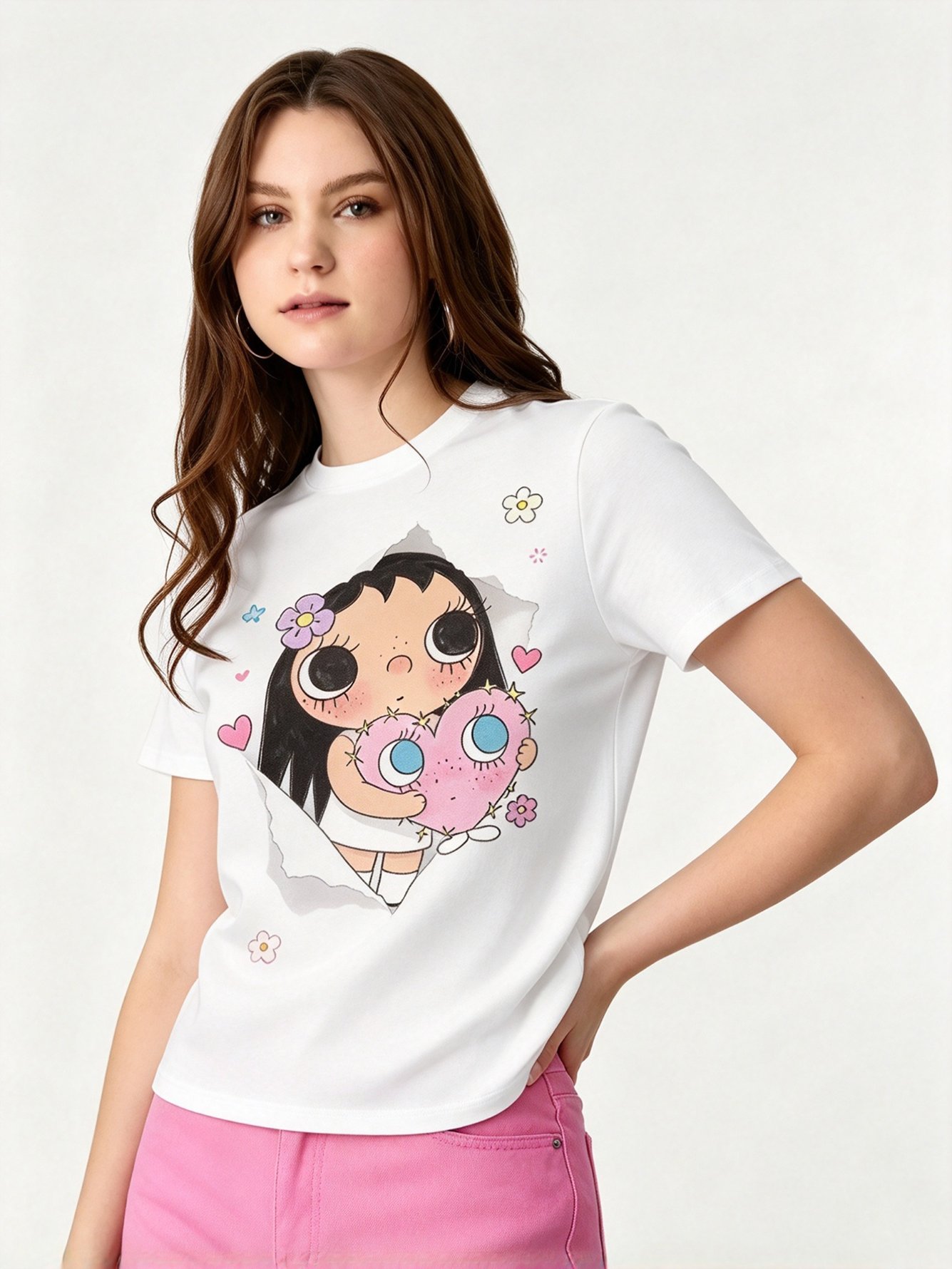 White Printed Round Neck Regular T-Shirt