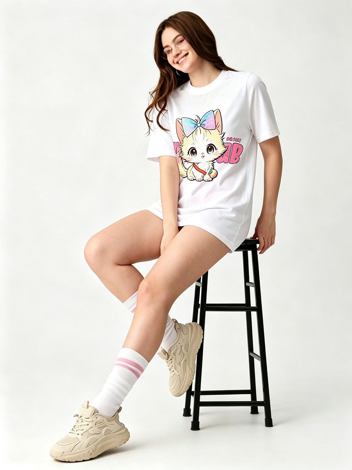 White Printed Round Neck Regular T-Shirt