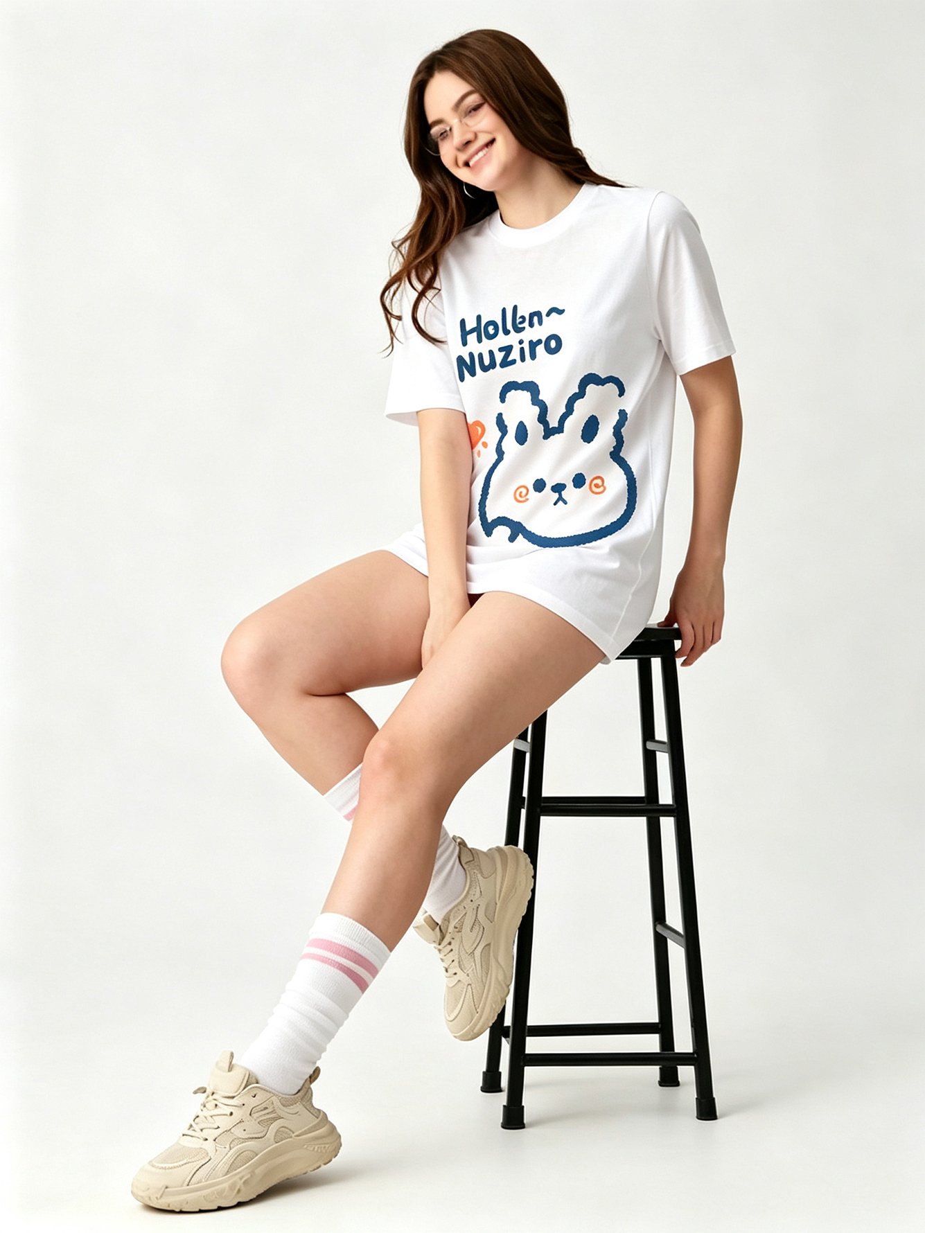 White Printed Round Neck Regular T-Shirt