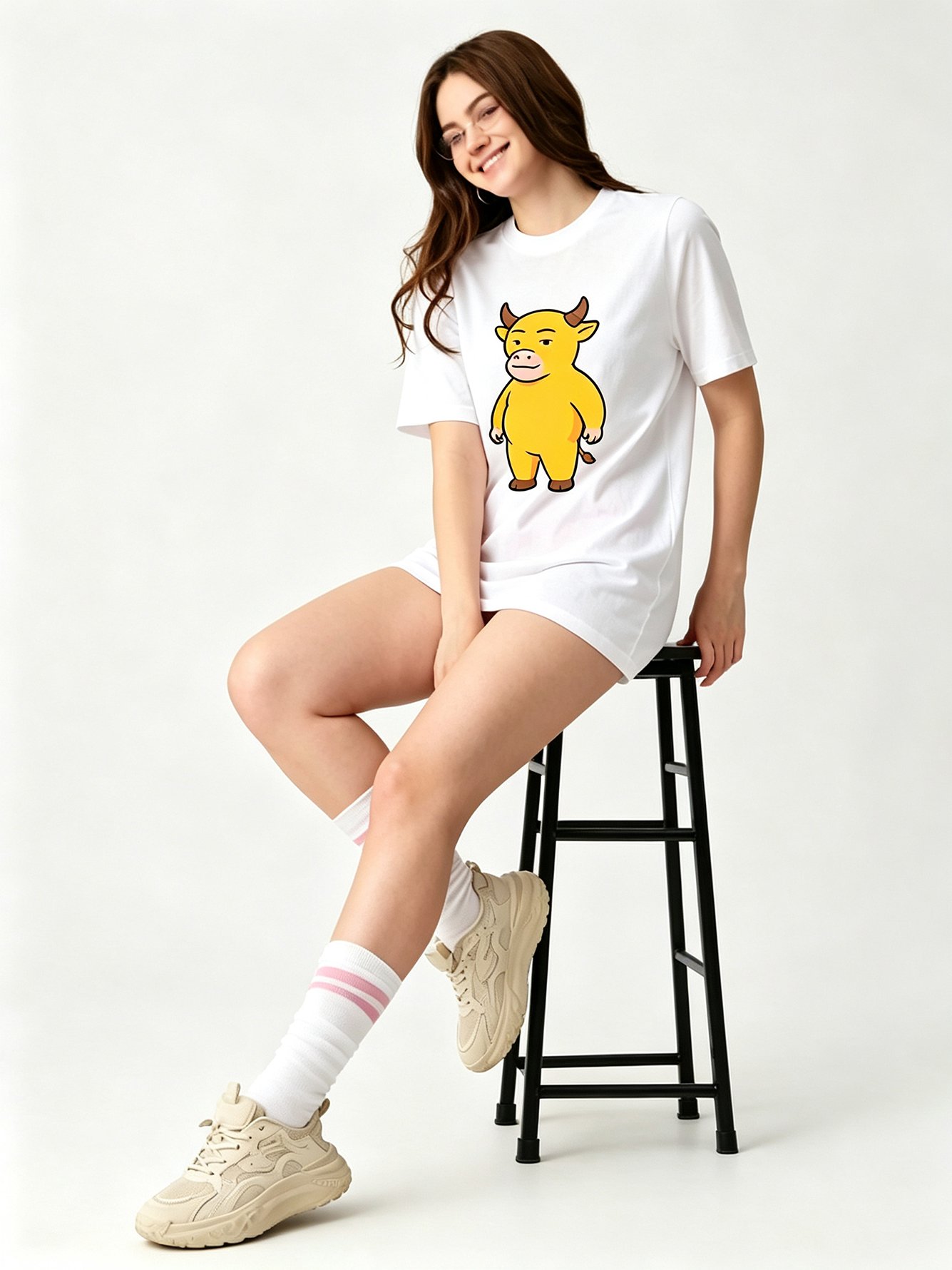 White Printed Round Neck Regular T-Shirt