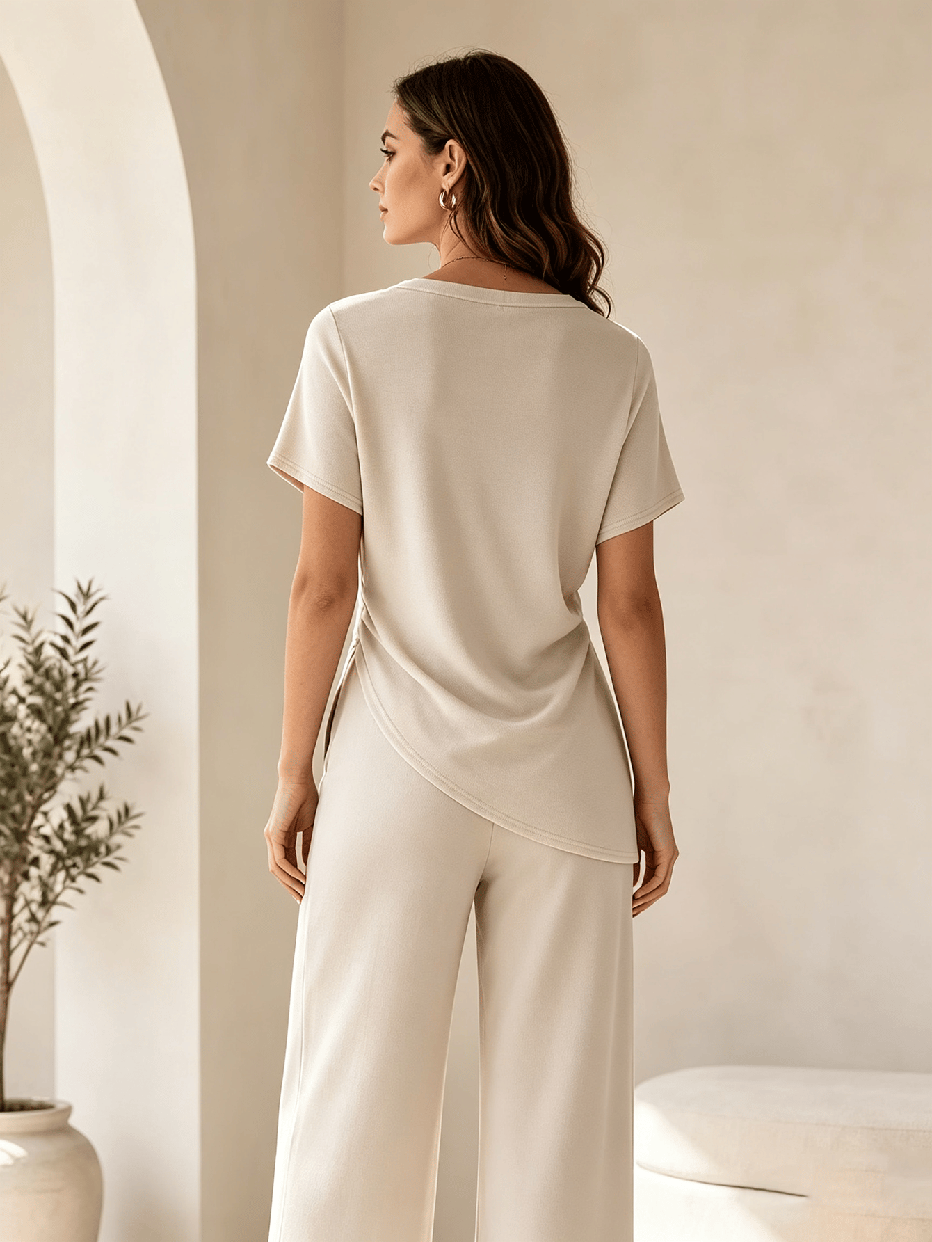 Beige Solid Wrap and Wide Leg Co-Ords