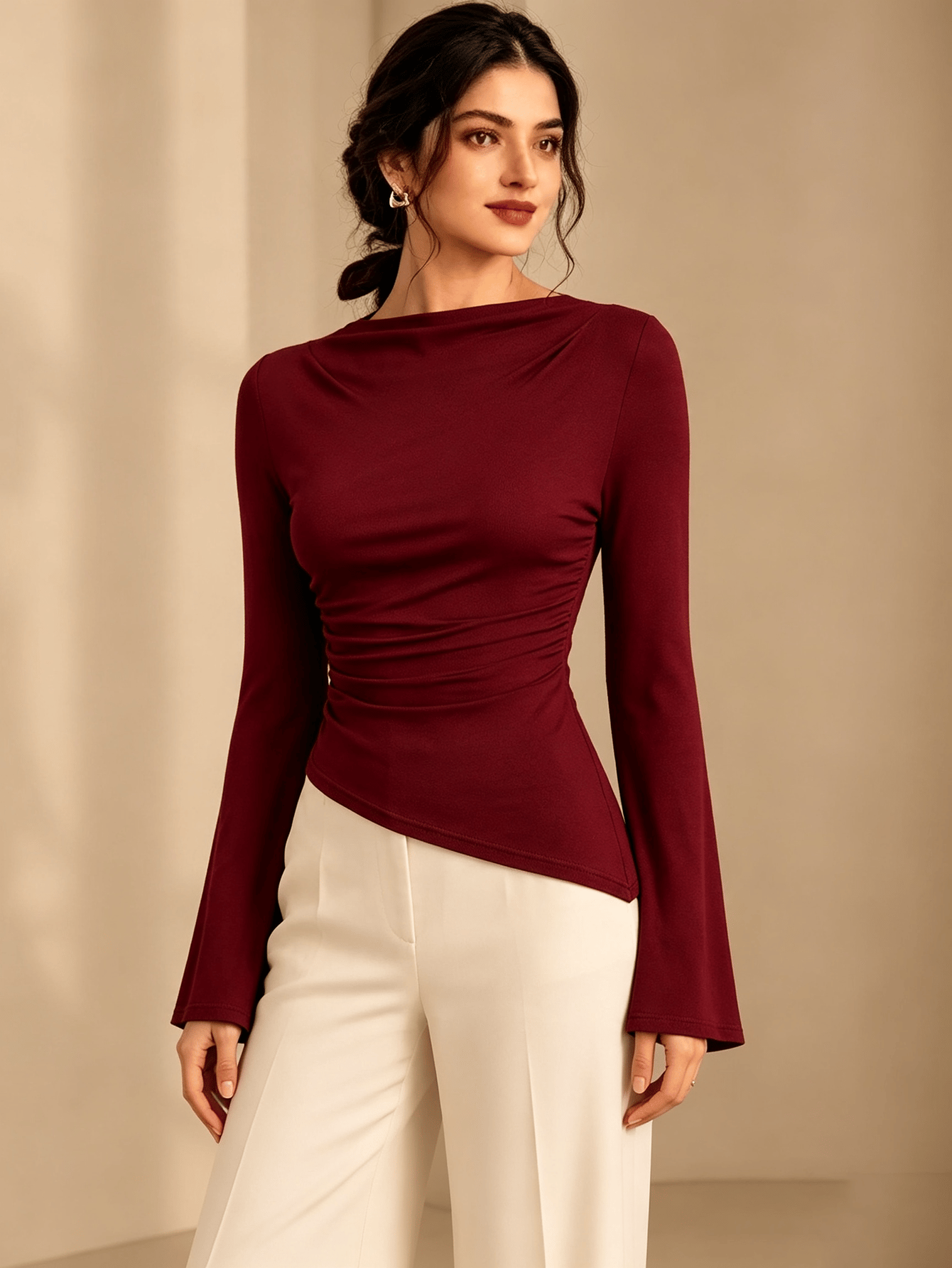 Burgundy Solid Cowl Neck Top