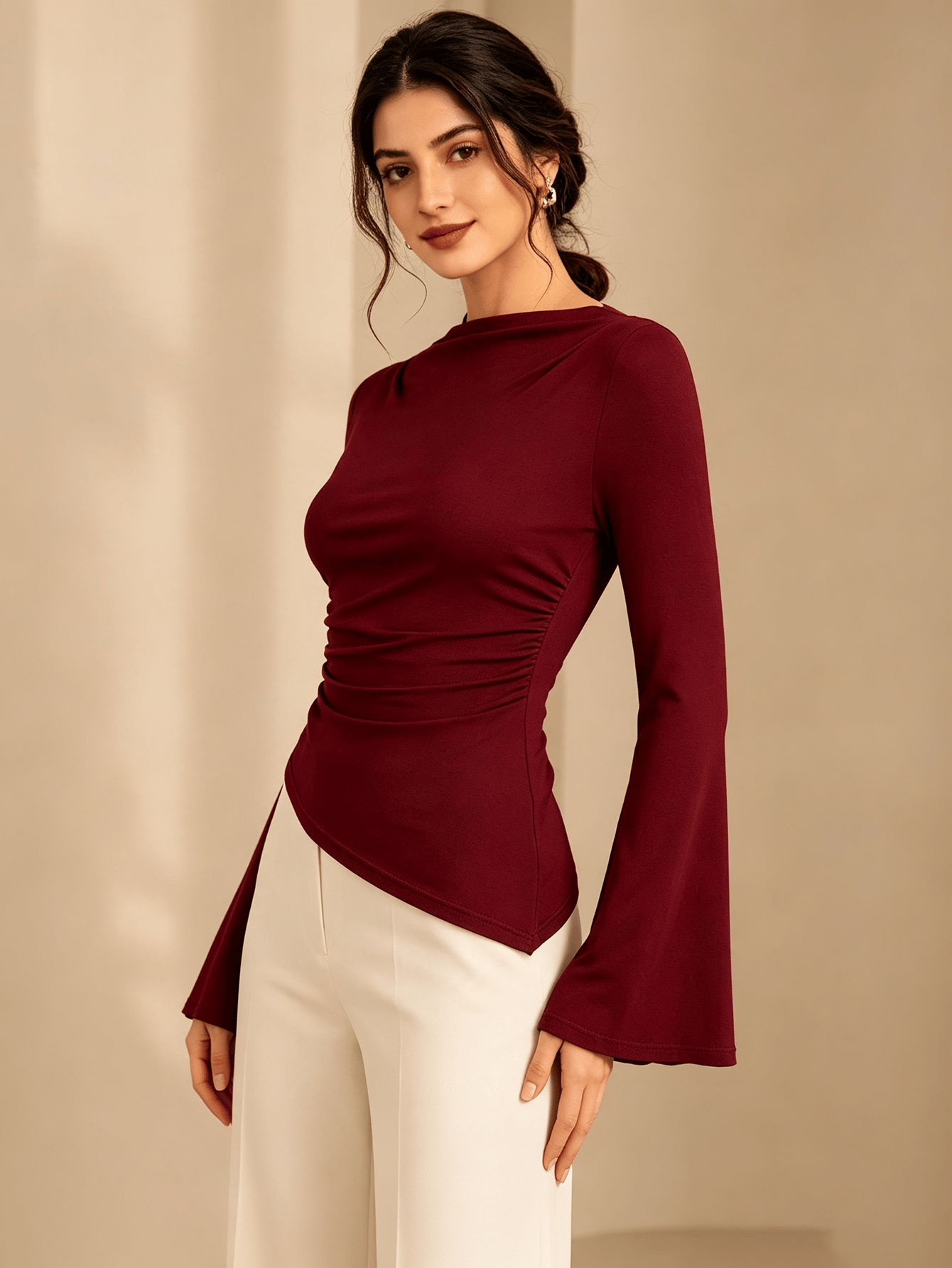 Burgundy Solid Cowl Neck Top