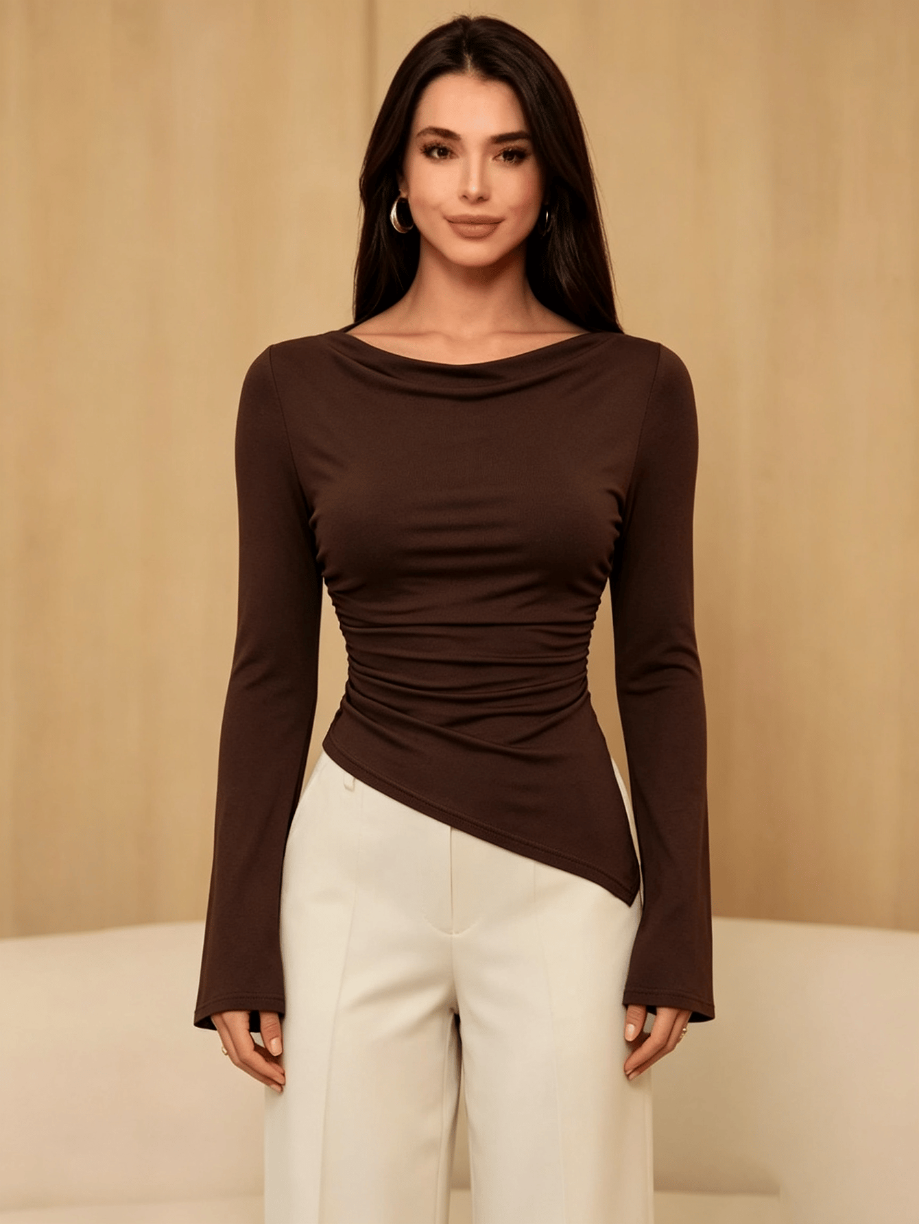 Brown Solid Cowl Neck Top
