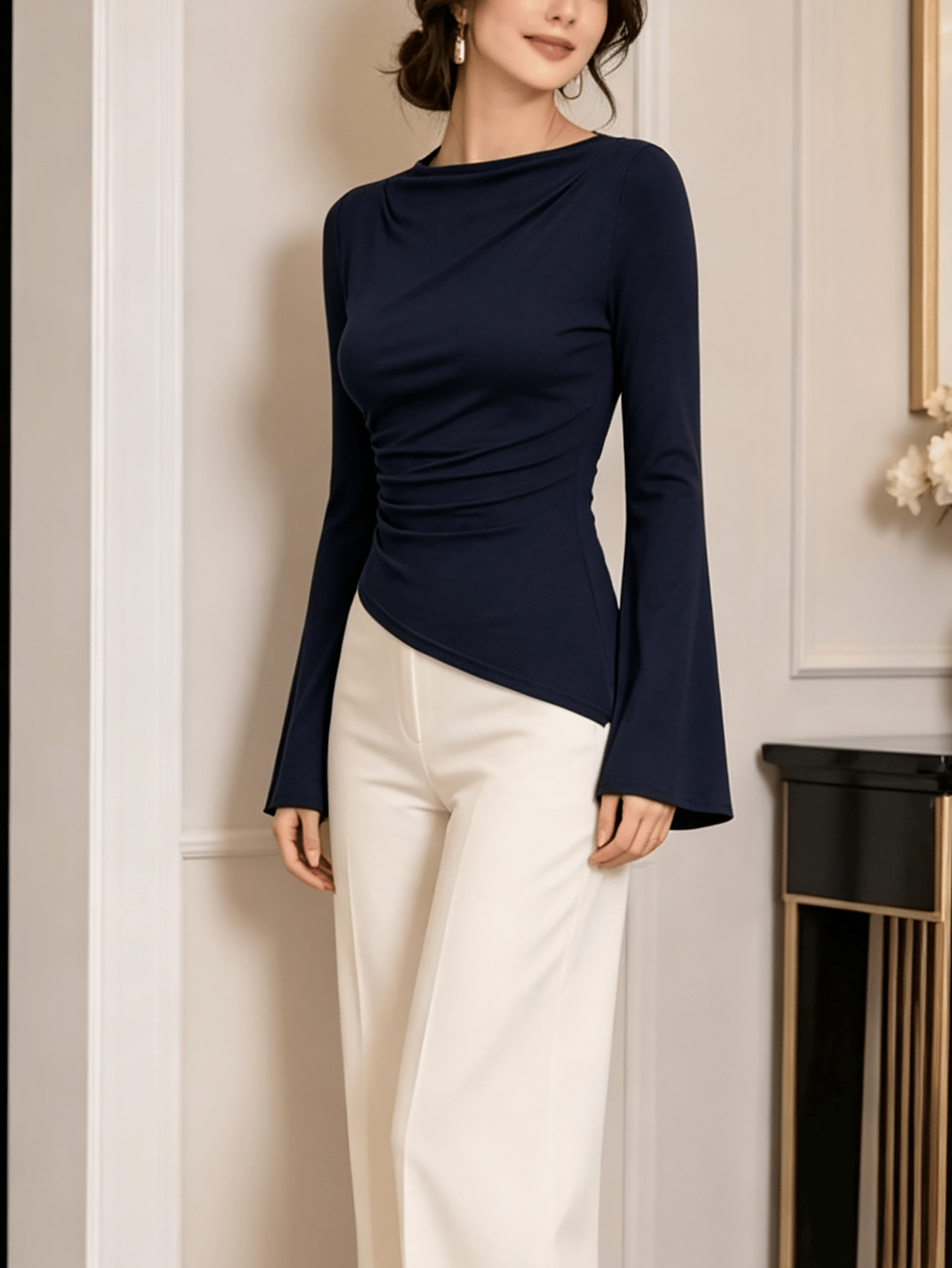 Navy Blue Solid Cowl Neck Top